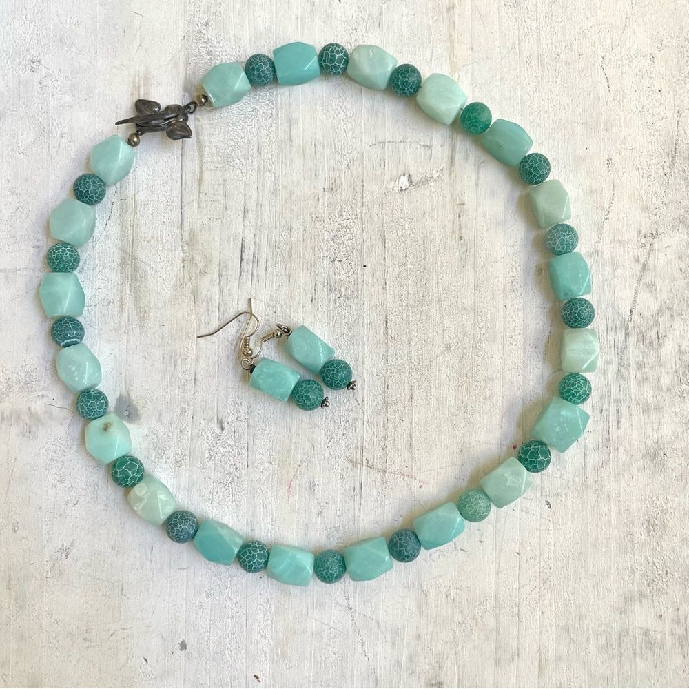 Blue Amazonite and crackle glass silver plated necklace and earrings set